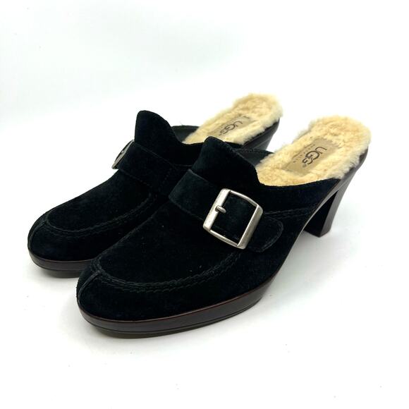 UGG Isabella Black Suede and Shearling Heeled Clogs Women's 6.5 US - Picture 1 of 9